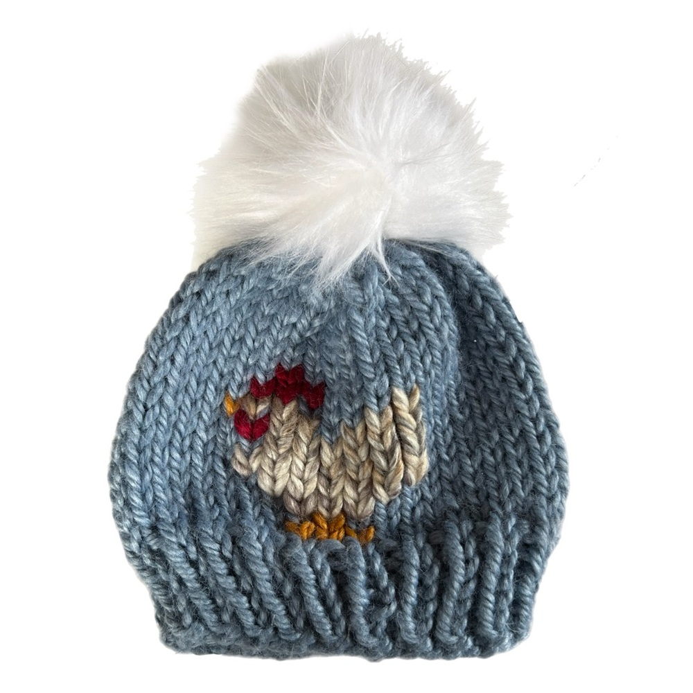 Rooster Blue Knit Handmade Beanie with Pom Pom